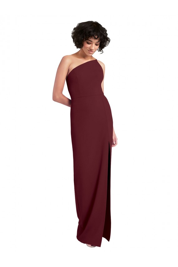 Long Sleeveless Stretch Crepe Burgundy Gold One Shoulder Sheath Formal Evening Dress