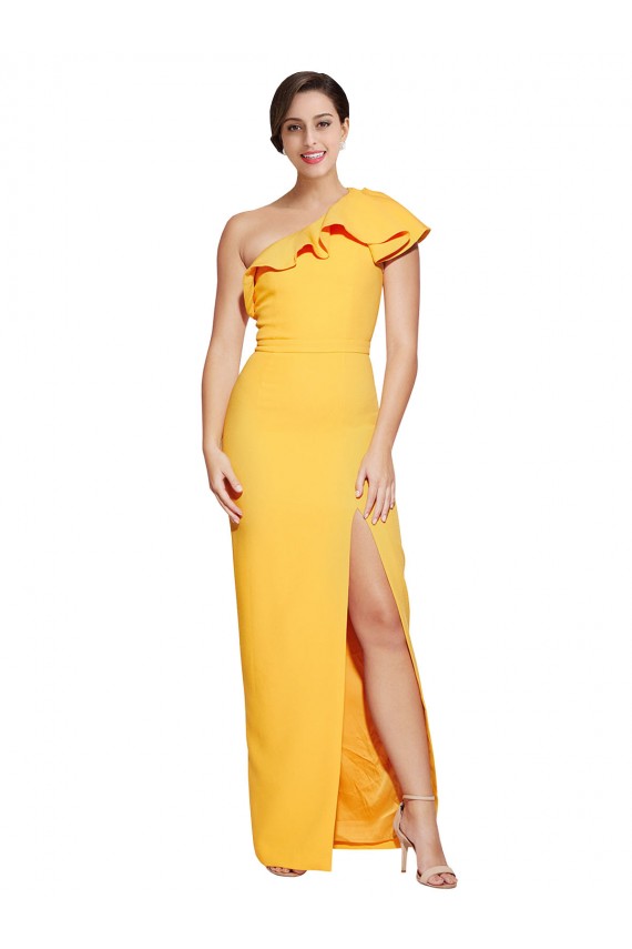 Long Sleeveless Stretch Crepe Saffron Sheath Formal Evening Dress