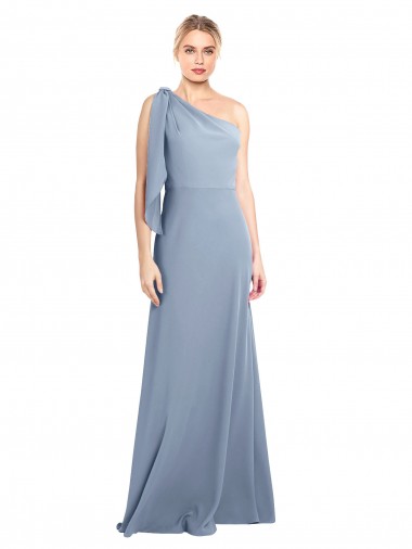 Long Flutter Sleeves Stretch Crepe Smoke Blue Sheath Formal Dress for Sale