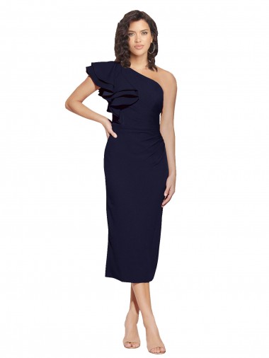 Midi Length Sleeveless Stretch Crepe Dark Navy Sheath Formal Evening Dress for Sale