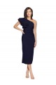 Midi Length Sleeveless Stretch Crepe Dark Navy Sheath Formal Evening Dress