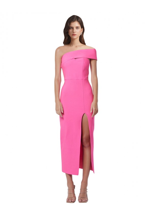 Midi Length Sleeveless Stretch Crepe Fuchsia Sheath Evening Dress
