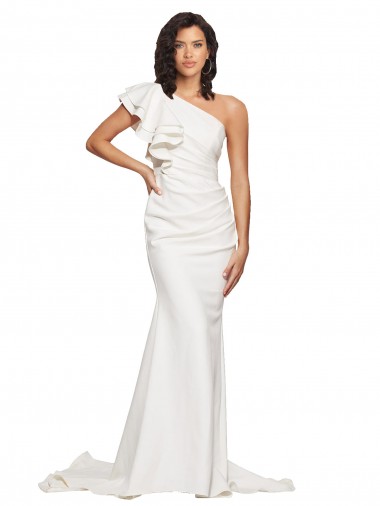 Sweep Train Sleeveless Stretch Crepe Ivory One Shoulder Sheath Semi Formal Evening Dress for Sale