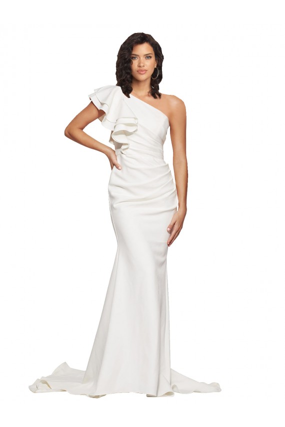 Sweep Train Sleeveless Stretch Crepe Ivory One Shoulder Sheath Semi Formal Evening Dress