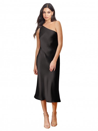 Midi Length Sleeveless Stretch Satin Black Sheath Black Tie Evening Dress for Sale