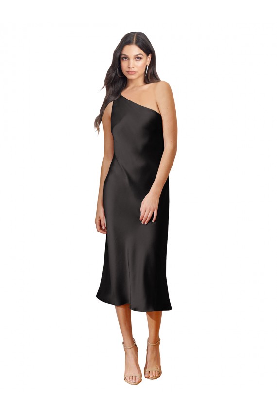 Midi Length Sleeveless Stretch Satin Black Sheath Black Tie Evening Dress