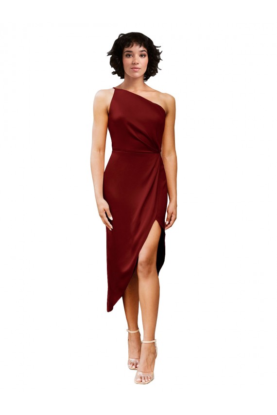 Midi Length Sleeveless Stretch Satin Burgundy Sheath Black Tie Evening Dress
