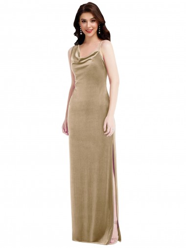 Long Sleeveless Stretch Velvet Champagne Sheath Black Tie Evening Dress for Sale