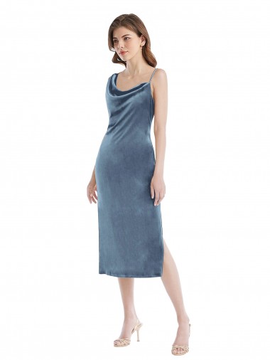 Long Sleeveless Stretch Velvet Dusty Blue Sheath Semi Formal Evening Dress for Sale