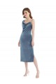 Long Sleeveless Stretch Velvet Dusty Blue Sheath Semi Formal Evening Dress