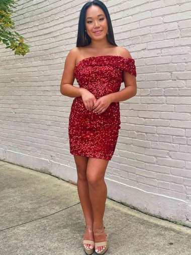 Short Sleeveless Velvet Sequin Burgundy Sheath Evening Dress for Sale