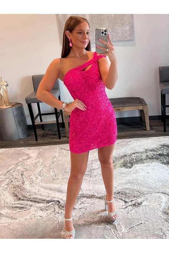 Short Sleeveless Velvet Sequin Fuchsia Sheath Evening Dresses