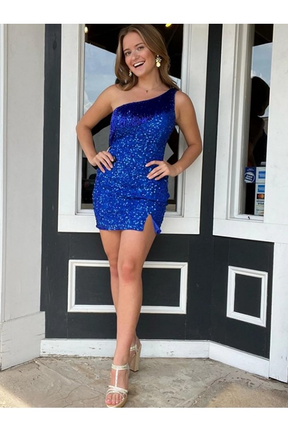 Short Sleeveless Velvet Sequin Royal Blue Sheath Homecoming Dresses