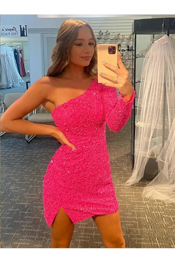 Short Long Sleeves Velvet Sequin Sheath Evening Gown
