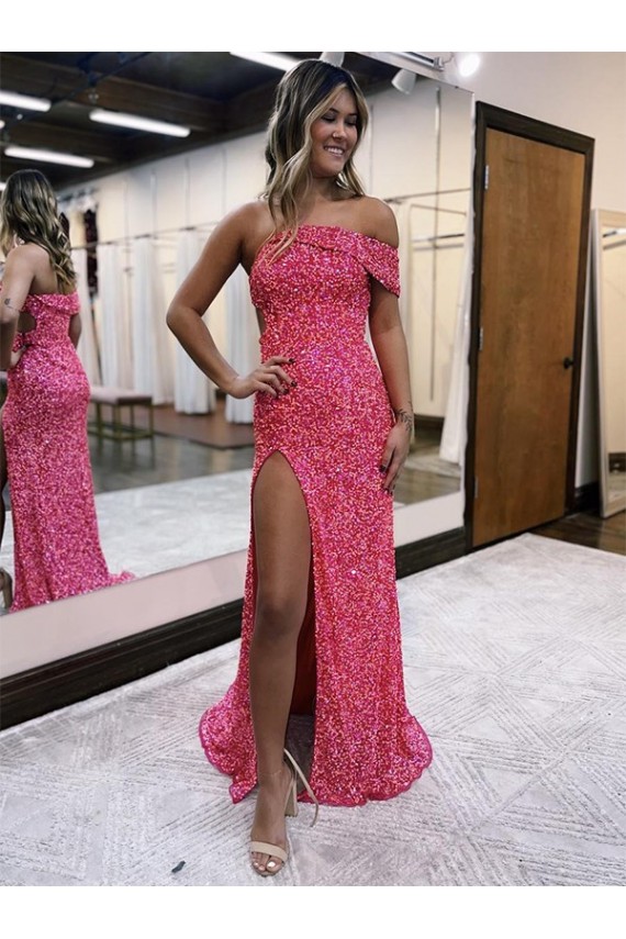 Sweep Train Sleeveless Velvet Sequin Fuchsia Sheath Evening Dresses