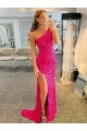 Sweep Train Sleeveless Velvet Sequin Fuchsia Sheath Long Evening Dress