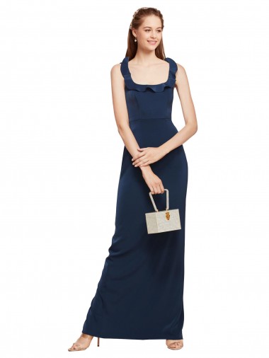 Long Sleeveless Stretch Crepe Dark Navy Scoop Neck Sheath Formal Evening Dress for Sale