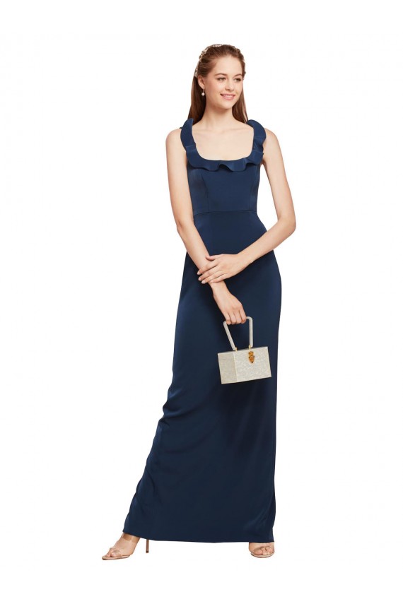 Long Sleeveless Stretch Crepe Dark Navy Scoop Neck Sheath Formal Evening Dress