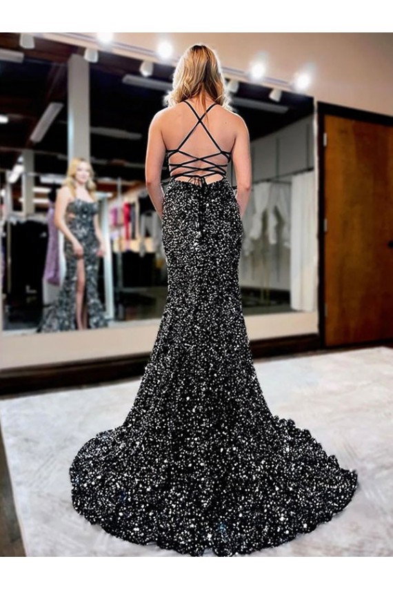 Sweep Train Sleeveless Velvet Sequin Sheath Evening Gown