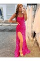 Sweep Train Sleeveless Velvet Sequin Fuchsia Sheath Evening Dress