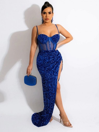 Sweep Train Sleeveless Velvet Sequin Royal Blue Spaghetti Straps Sheath Evening Dress for Sale