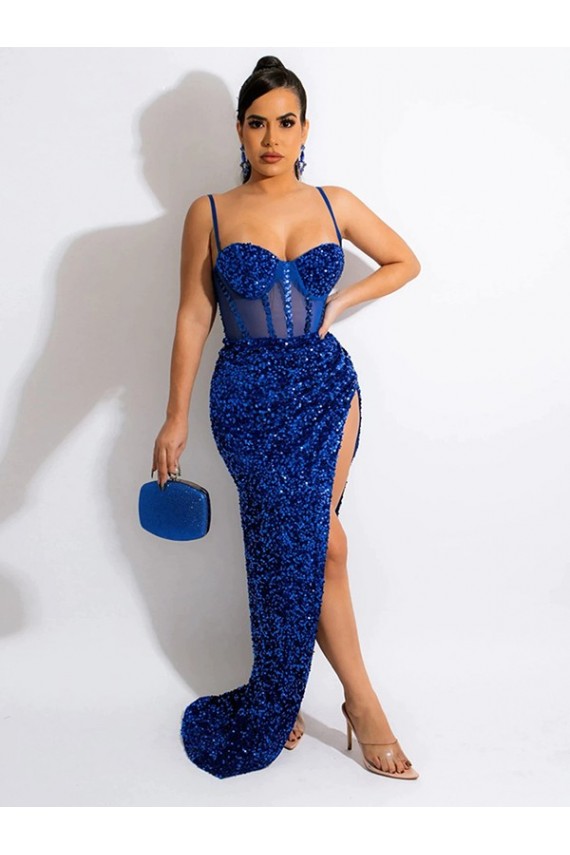 Sweep Train Sleeveless Velvet Sequin Royal Blue Spaghetti Straps Sheath Evening Dress