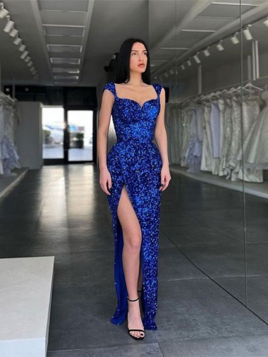 Sweep Train Sleeveless Velvet Sequin Royal Blue Sheath Evening Gowns for Sale