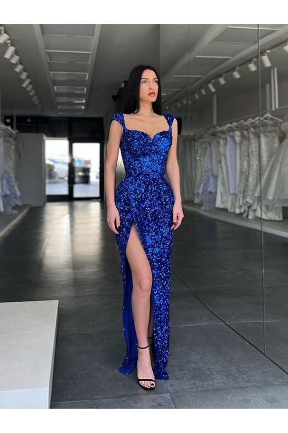 Sweep Train Sleeveless Velvet Sequin Royal Blue Sheath Evening Gowns