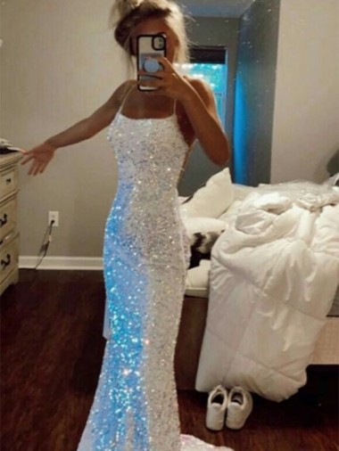 Sweep Train Sleeveless Velvet Sequin Spaghetti Straps Sheath Evening Dress for Sale
