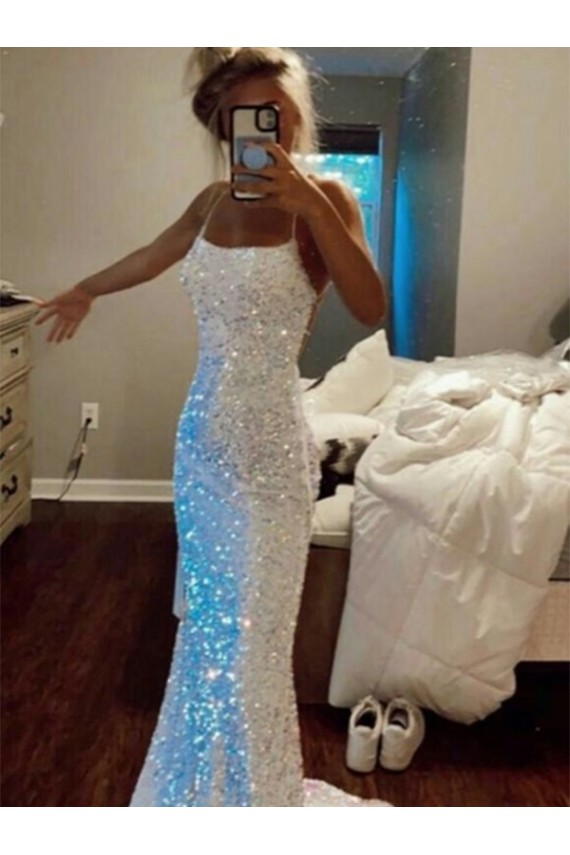 Sweep Train Sleeveless Velvet Sequin Spaghetti Straps Sheath Evening Dress