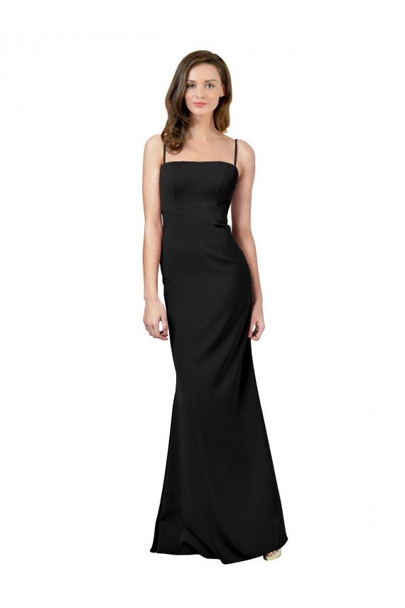 Long Sleeveless Stretch Crepe Black Spaghetti Straps Sheath Formal Evening Dress
