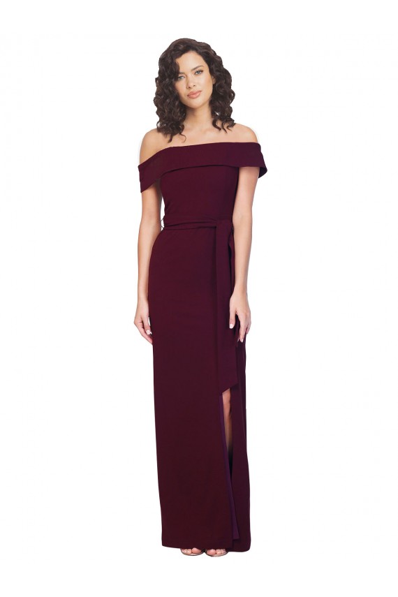 Long Sleeveless Stretch Crepe Burgundy Gold Sheath Formal Evening Dress