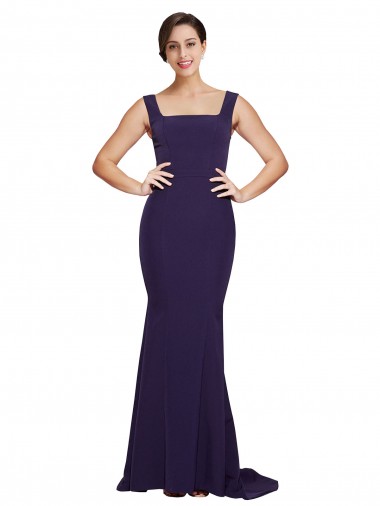 Sweep Train Sleeveless Stretch Crepe Dark Navy Square Neck Sheath Semi Formal Evening Dress for Sale