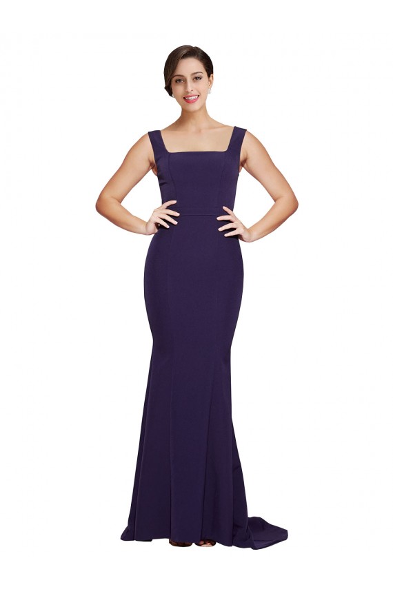 Sweep Train Sleeveless Stretch Crepe Dark Navy Square Neck Sheath Semi Formal Evening Dress