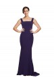 Sweep Train Sleeveless Stretch Crepe Dark Navy Square Neck Sheath Semi Formal Evening Dress