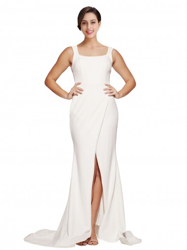 Sweep Train Sleeveless Stretch Crepe Ivory Square Neck Sheath Semi Formal Evening Dress for Sale