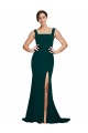 Sweep Train Sleeveless Stretch Crepe Midnight Green Sheath Semi Formal Evening Dress