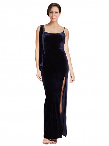 Long Sleeveless Stretch Velvet Dark Navy Sheath Formal Evening Dress for Sale