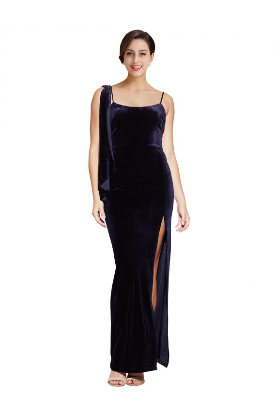 Long Sleeveless Stretch Velvet Dark Navy Sheath Formal Evening Dress