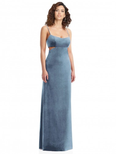 Long Sleeveless Stretch Velvet Dusty Blue Square Neck Sheath Formal Evening Dress for Sale