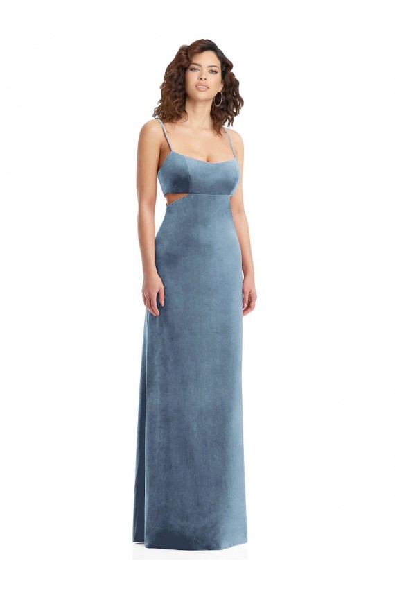 Long Sleeveless Stretch Velvet Dusty Blue Square Neck Sheath Formal Evening Dress