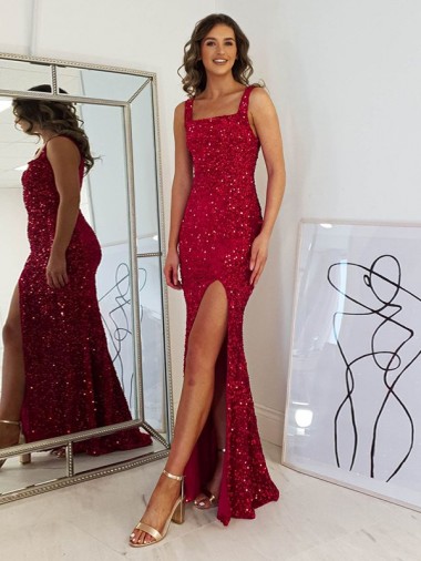 Long Sleeveless Velvet Sequin Burgundy Sheath Evening Gown for Sale