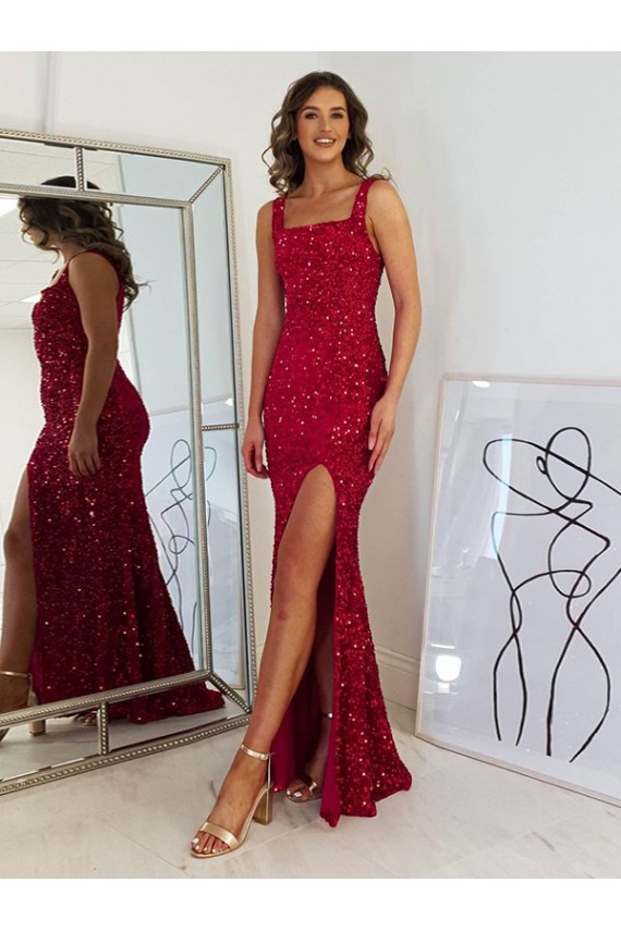 Long Sleeveless Velvet Sequin Burgundy Sheath Evening Gown