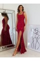 Long Sleeveless Velvet Sequin Burgundy Sheath Evening Gown