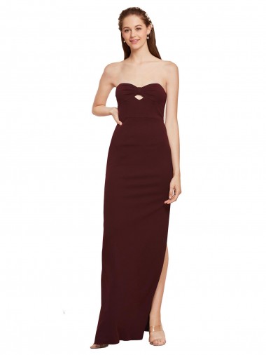 Long Sleeveless Stretch Crepe Burgundy Gold Strapless Sheath Formal Evening Dress for Sale