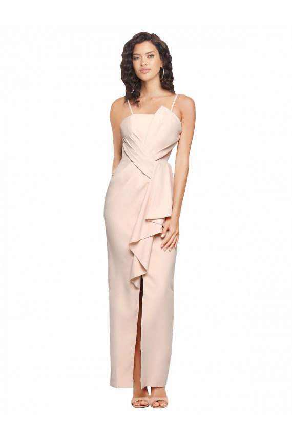 Long Sleeveless Stretch Crepe Nude Sheath Semi Formal Evening Dress