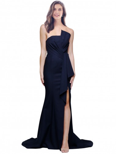 Sweep Train Sleeveless Stretch Crepe Dark Navy Sheath Semi Formal Evening Dress for Sale