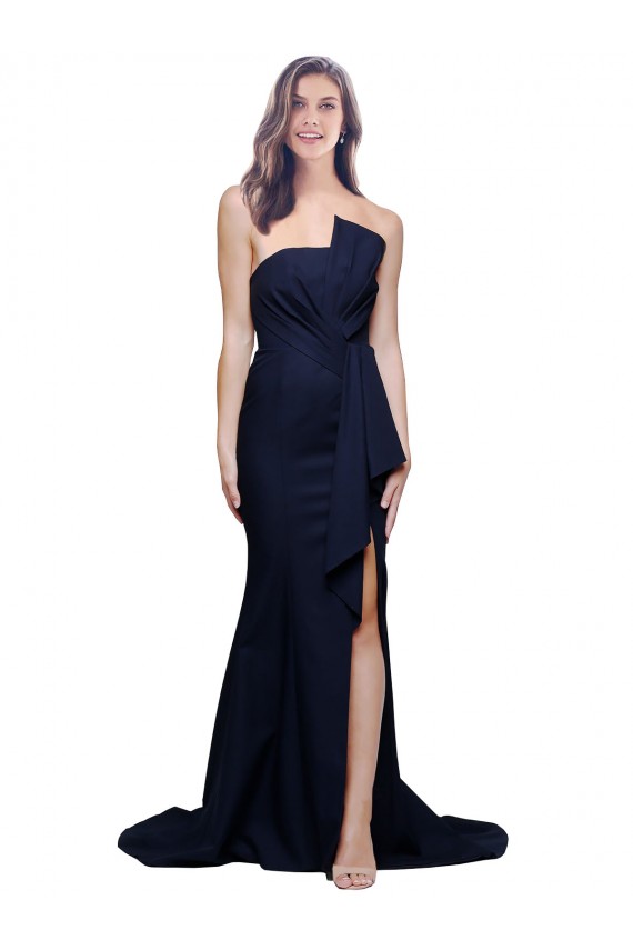 Sweep Train Sleeveless Stretch Crepe Dark Navy Sheath Semi Formal Evening Dress