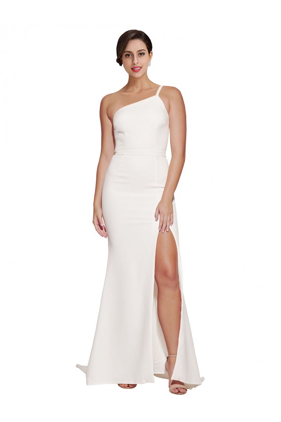 Sweep Train Sleeveless Stretch Crepe Ivory Sheath Semi Formal Evening Dress