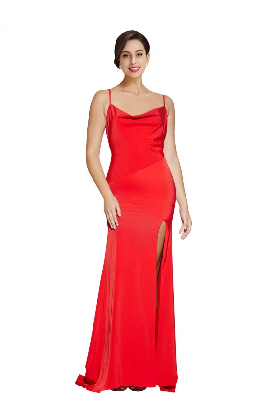 Long Sleeveless Stretch Satin Red Sheath Formal Evening Dress
